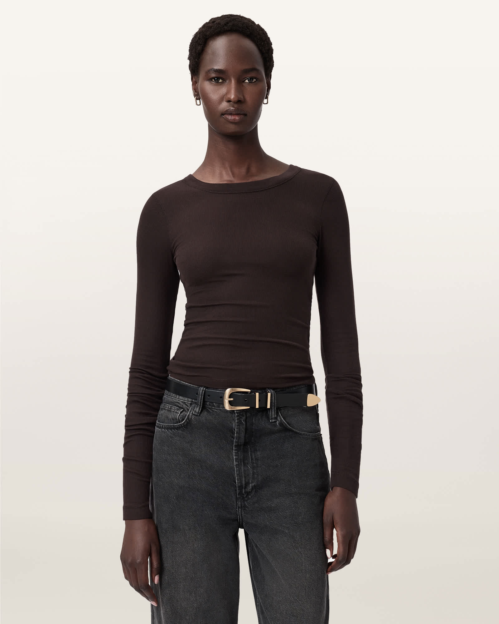 Allsaints Rina Long Sleeve Crew Neck T-shirt In Brown