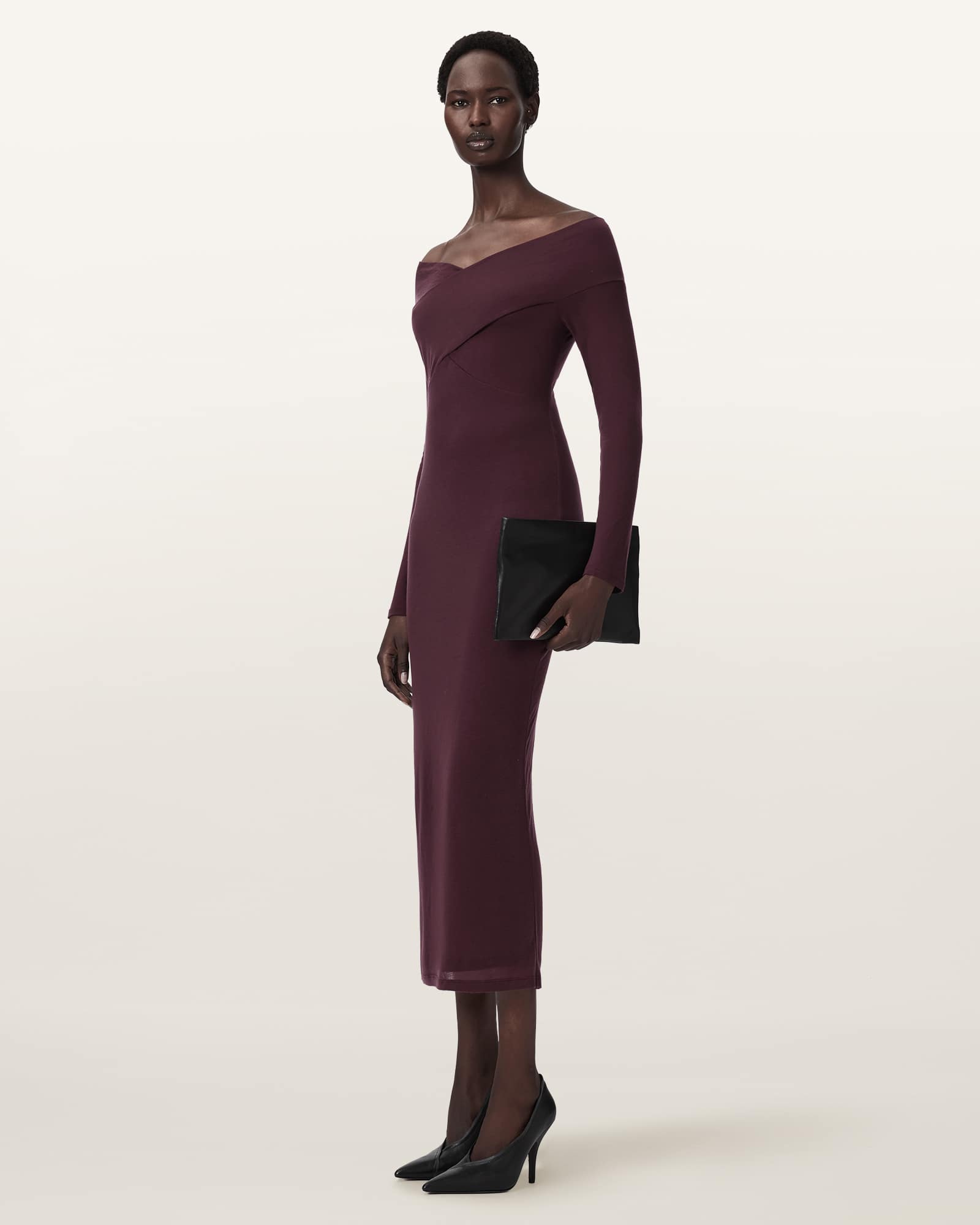 Allsaints Delta Bodycon Jersey Midi Dress In Red