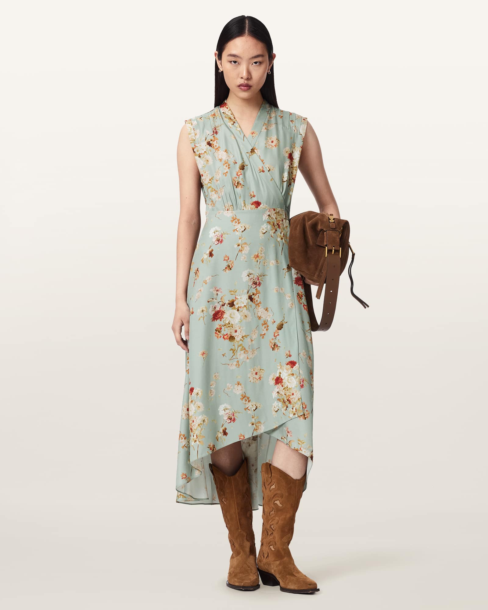 Allsaints Women's Blue Mira Silk Blend Floral Midi Dress - Size  16