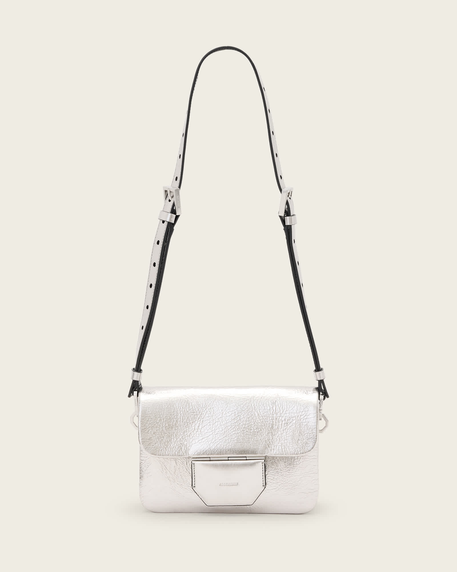 AllSaints Jupiter Metallic Leather Crossbody Bag,, Silver
