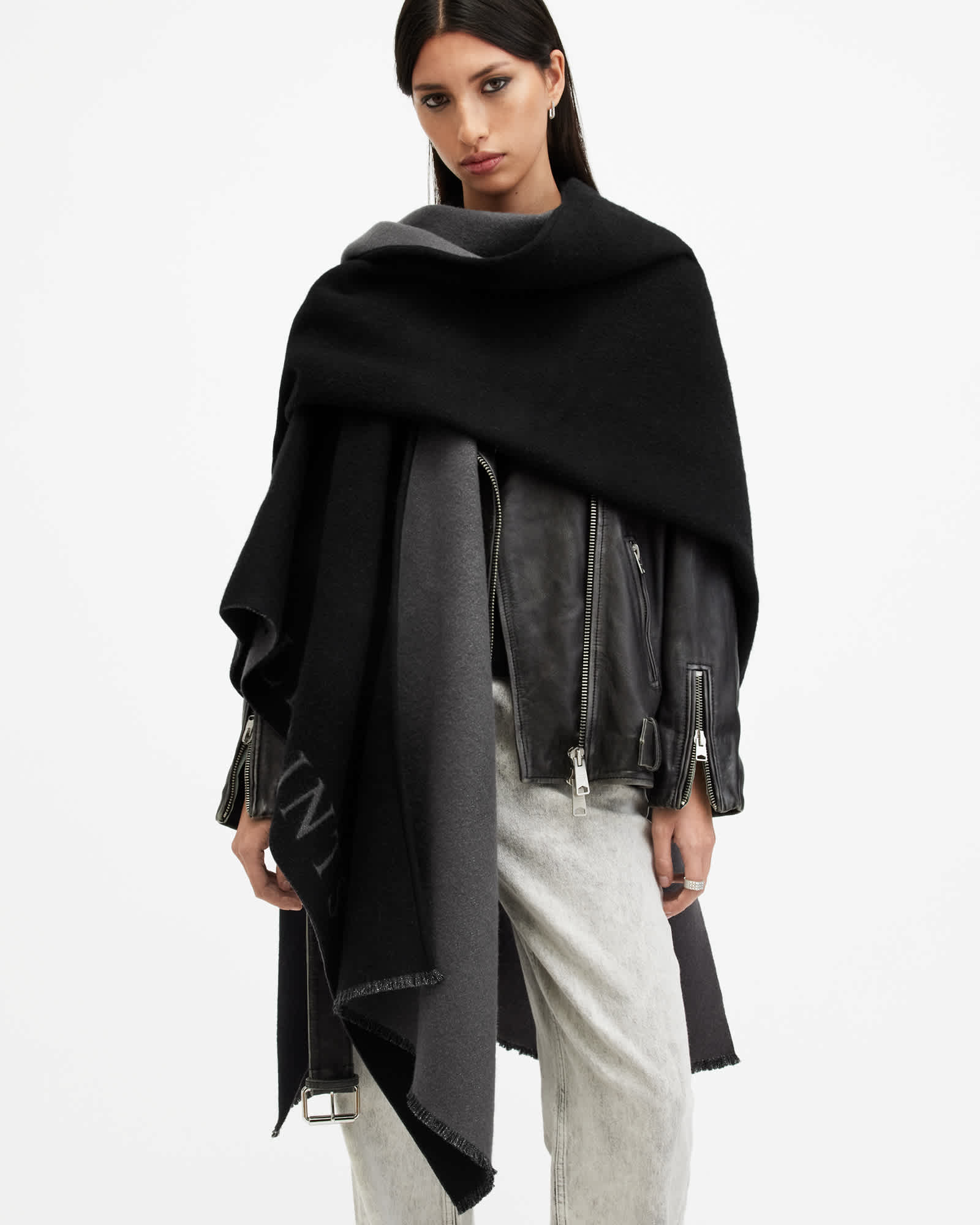 AllSaints Wool Saints Border Logo Wool Ruana Scarf
