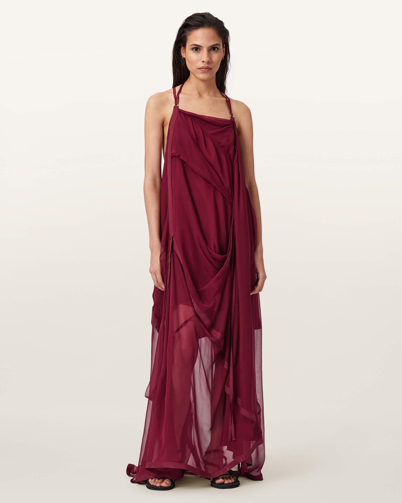 Allsaints Parachute Limited Edition Draped Silk Maxi Dress, In Burgundy