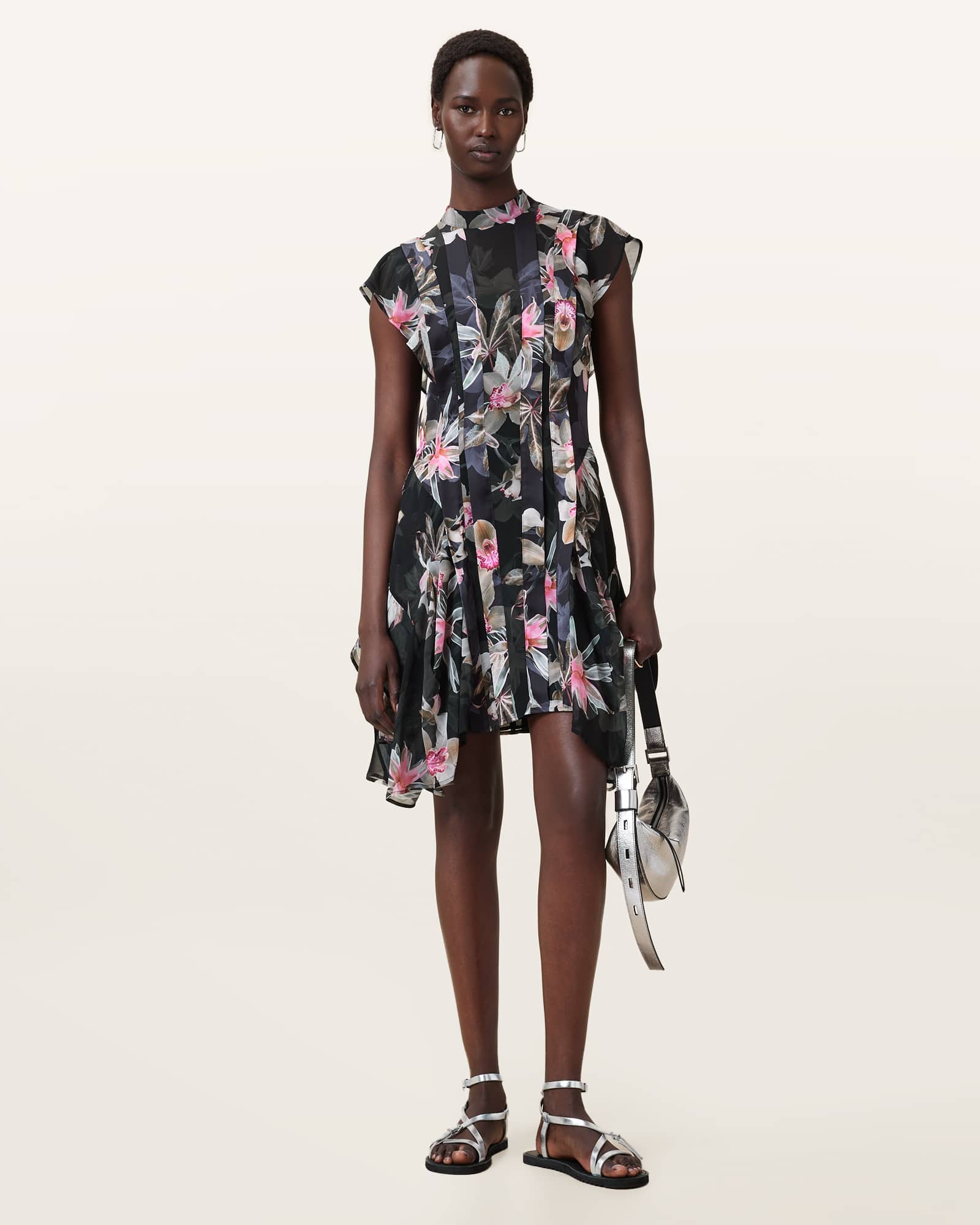 AllSaints Fleur Printed Asymmetric Mini Dress, Black