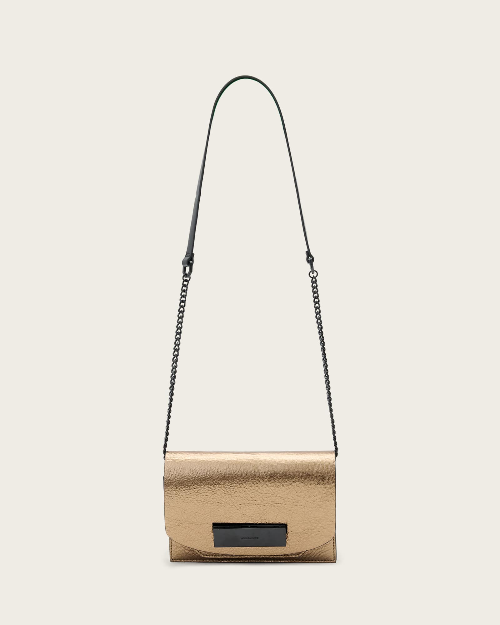 Allsaints Etta Metallic Leather Clutch Bag In Gold
