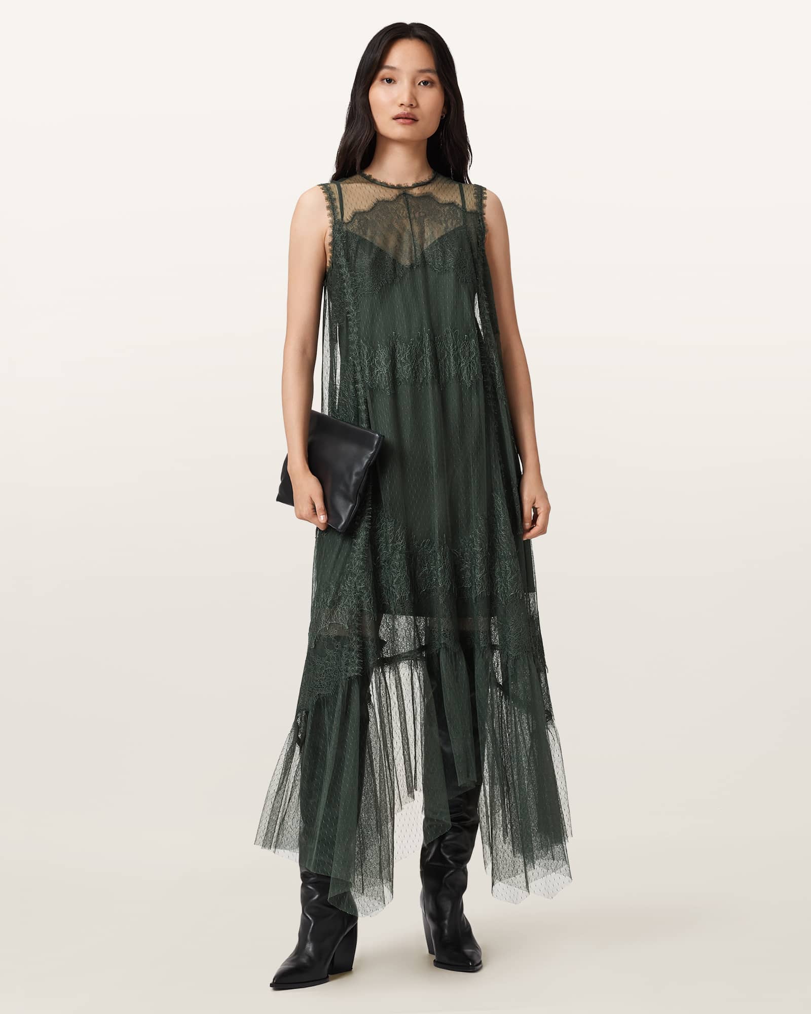 Allsaints Clara Mesh Midi Dress In Green