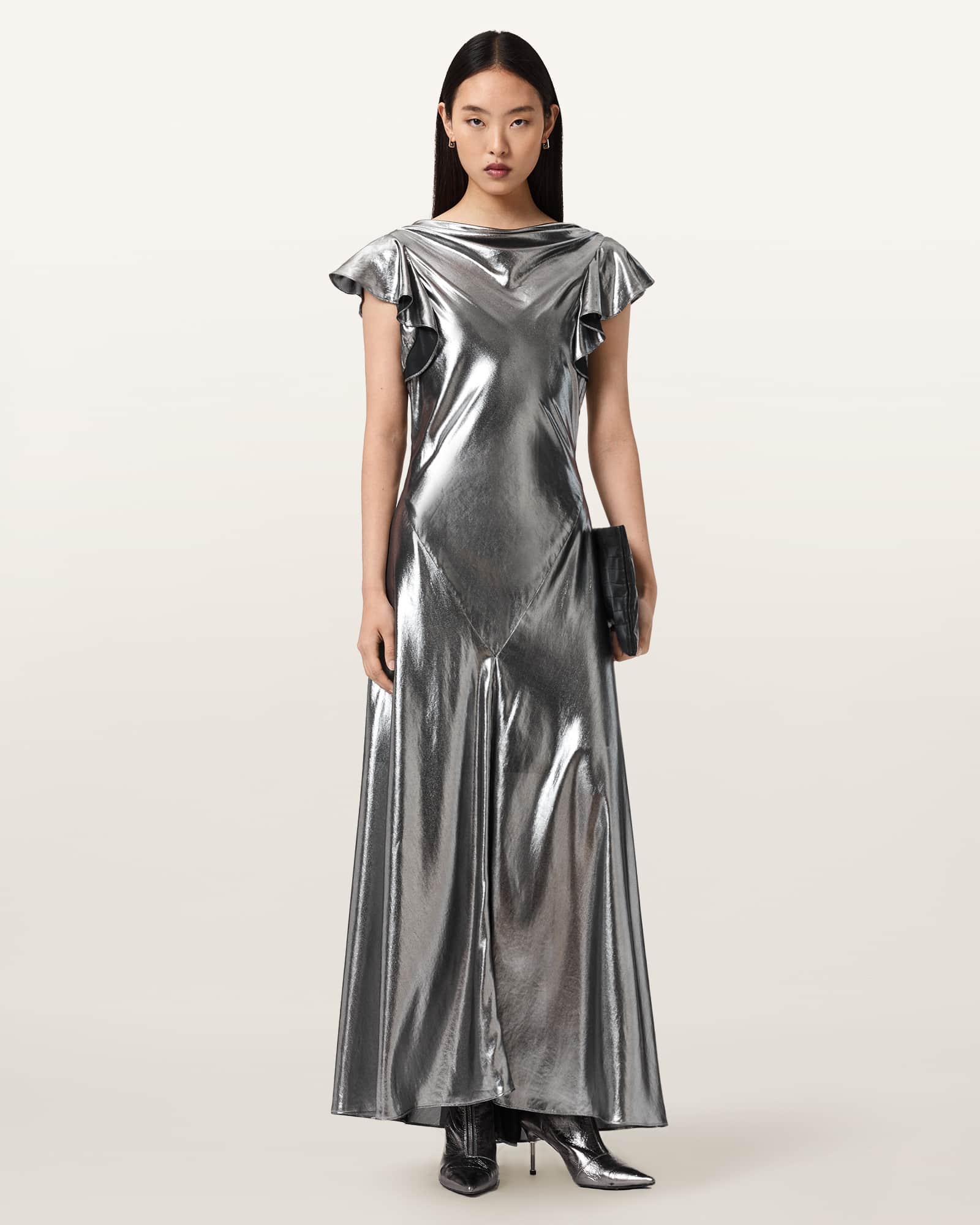 Allsaints Flora Metallic Cowl Neck Maxi Dress In Animal Print