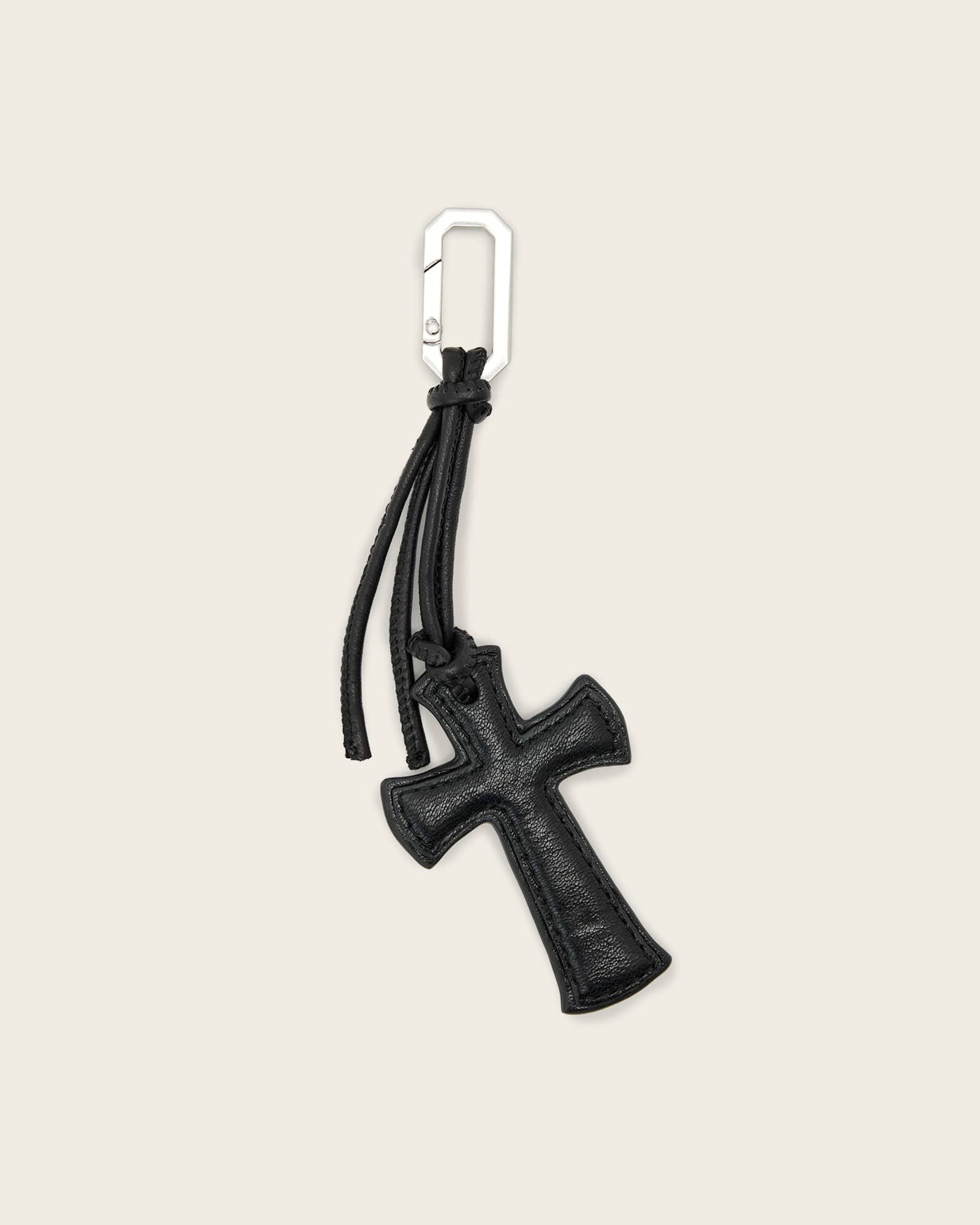 Allsaints Leather G Cross Keyring In Black