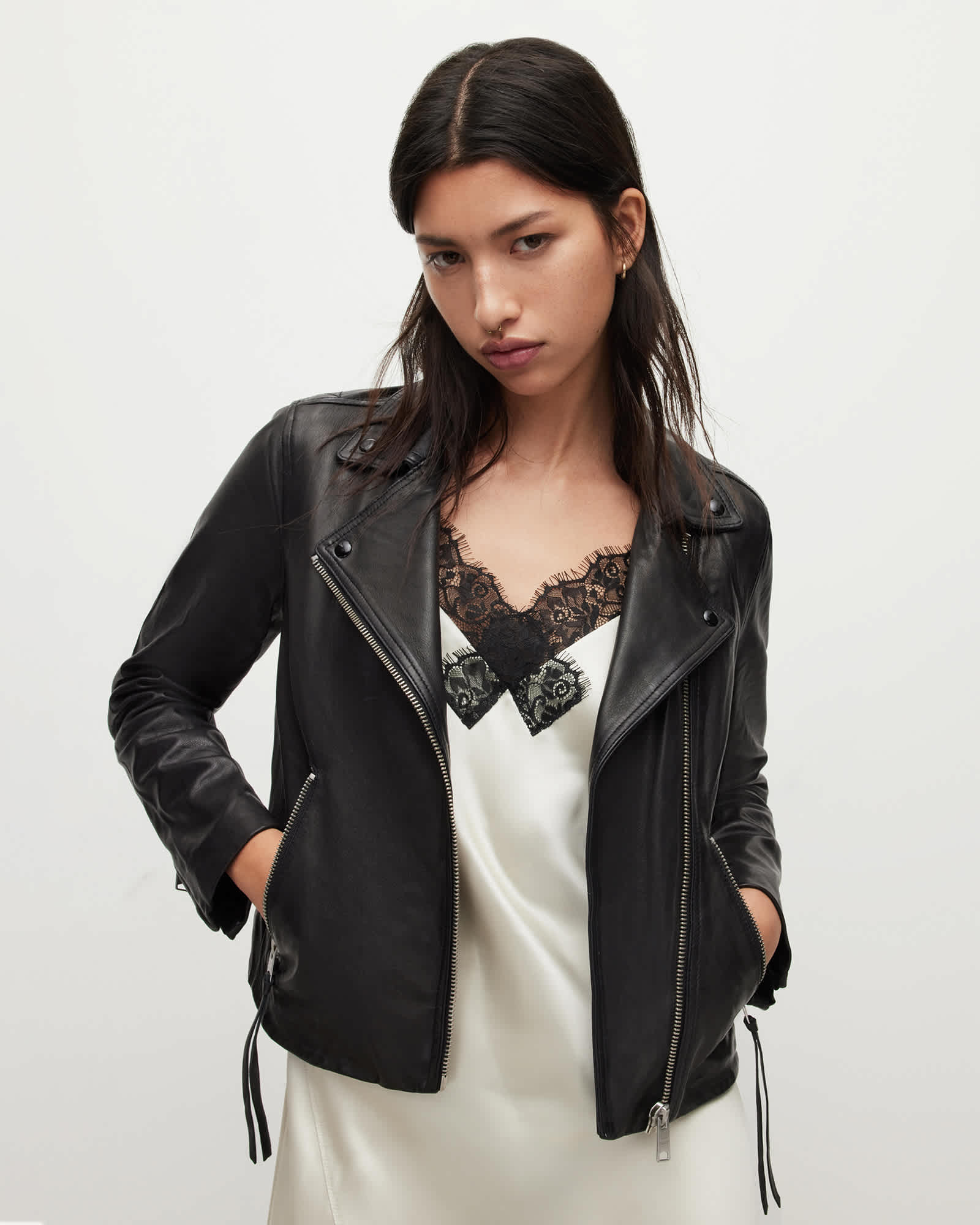 Allsaints Women's Black Dalby Slim Fit Leather Biker Jacket - Size  14