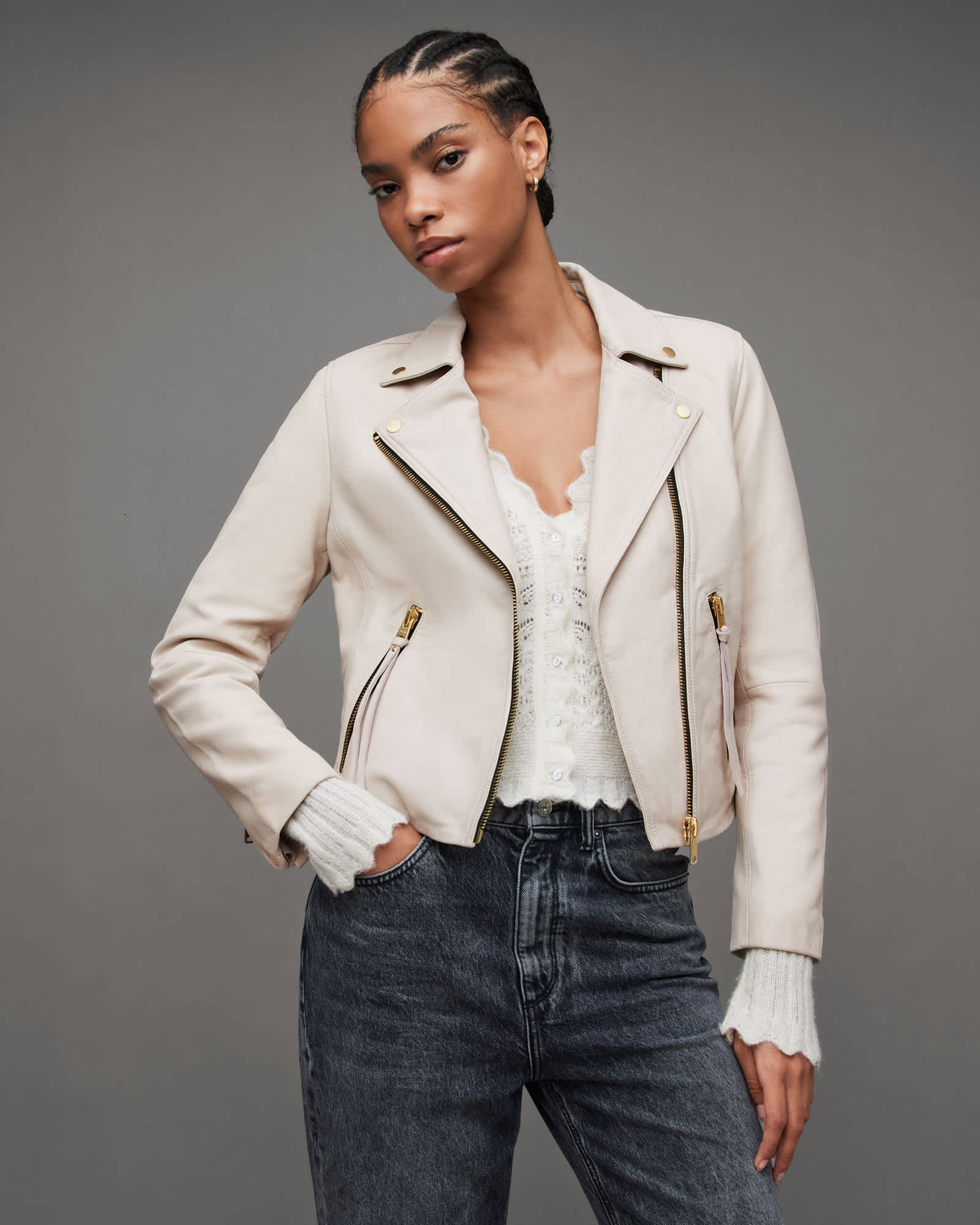 Allsaints Women's Gold/White Dalby Slim Fit Leather Biker Jacket - Size  16