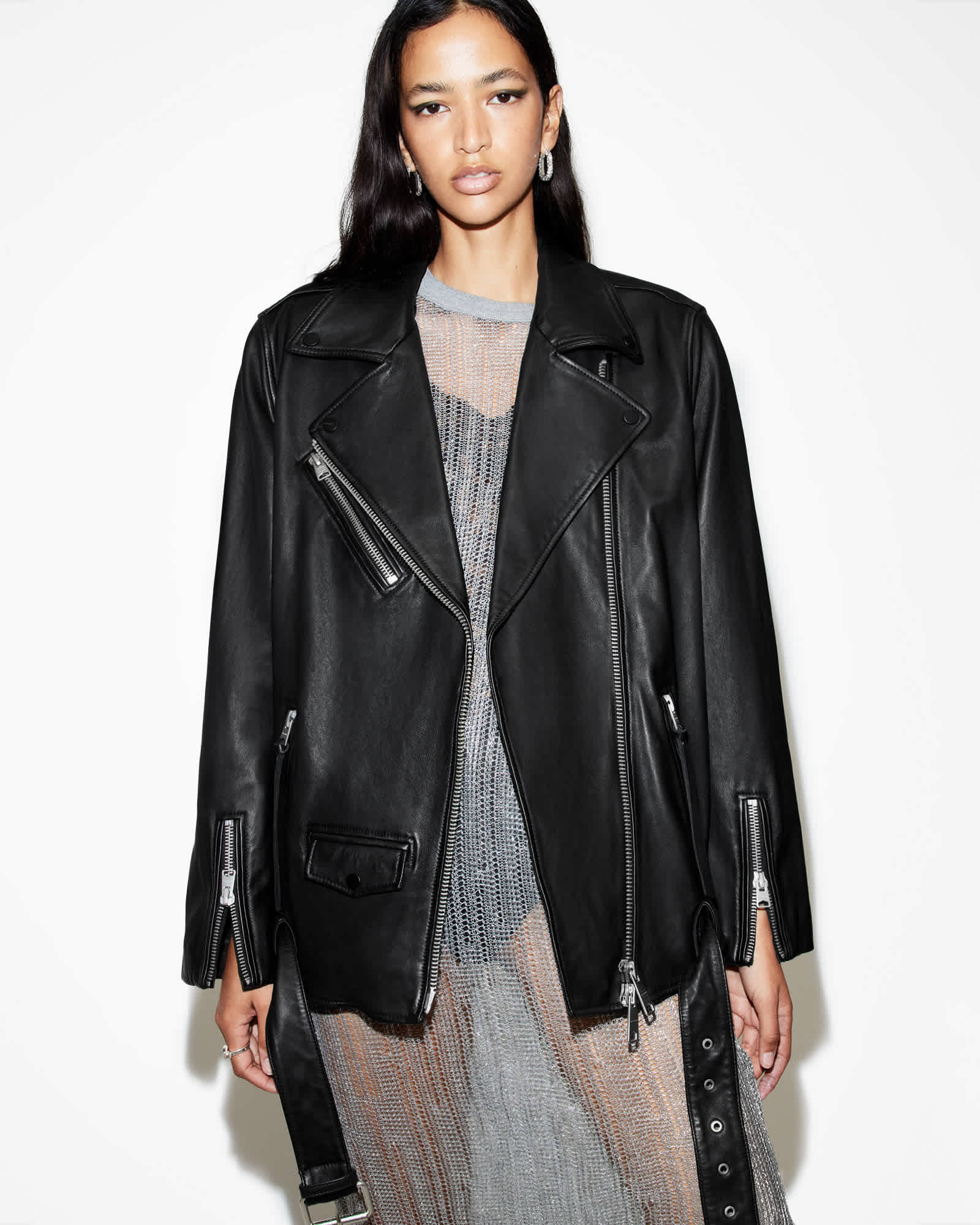 AllSaints Billie Oversized Leather Biker Jacket