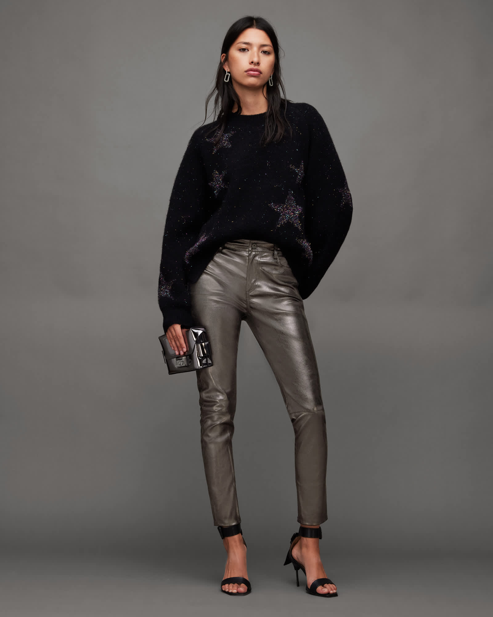 Allsaints Women's Ina Metallic Leather Trousers - Size  16