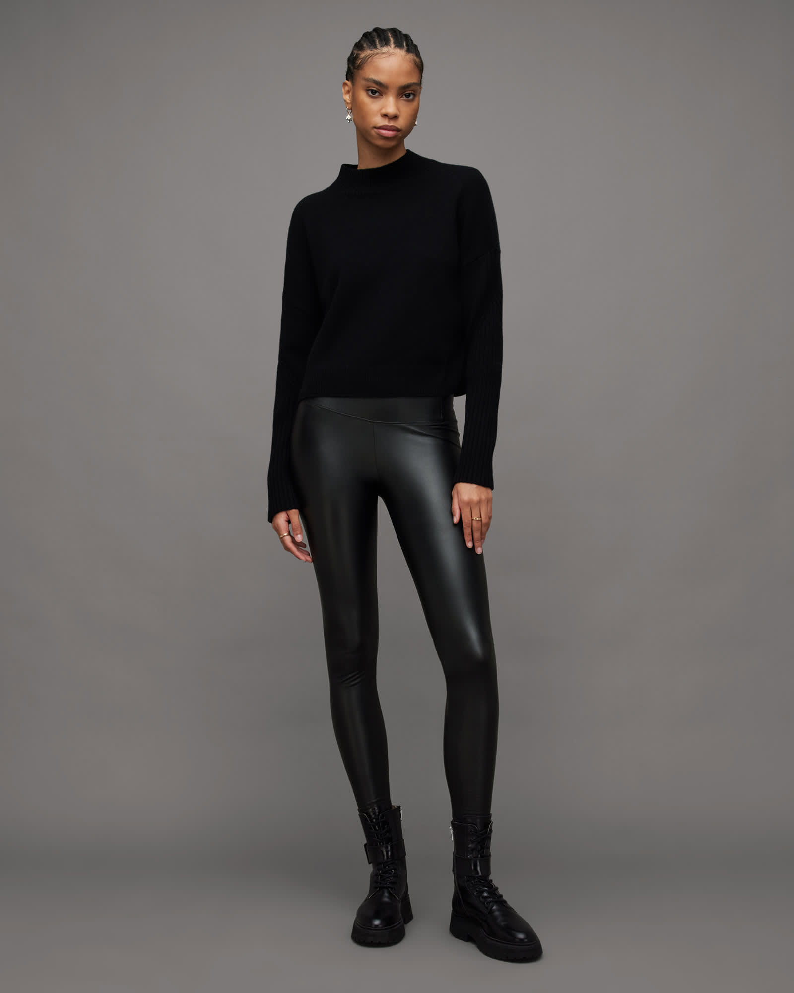 Allsaints Women's Black Cora High-Rise Skinny Fit Faux Leggings - Size  14