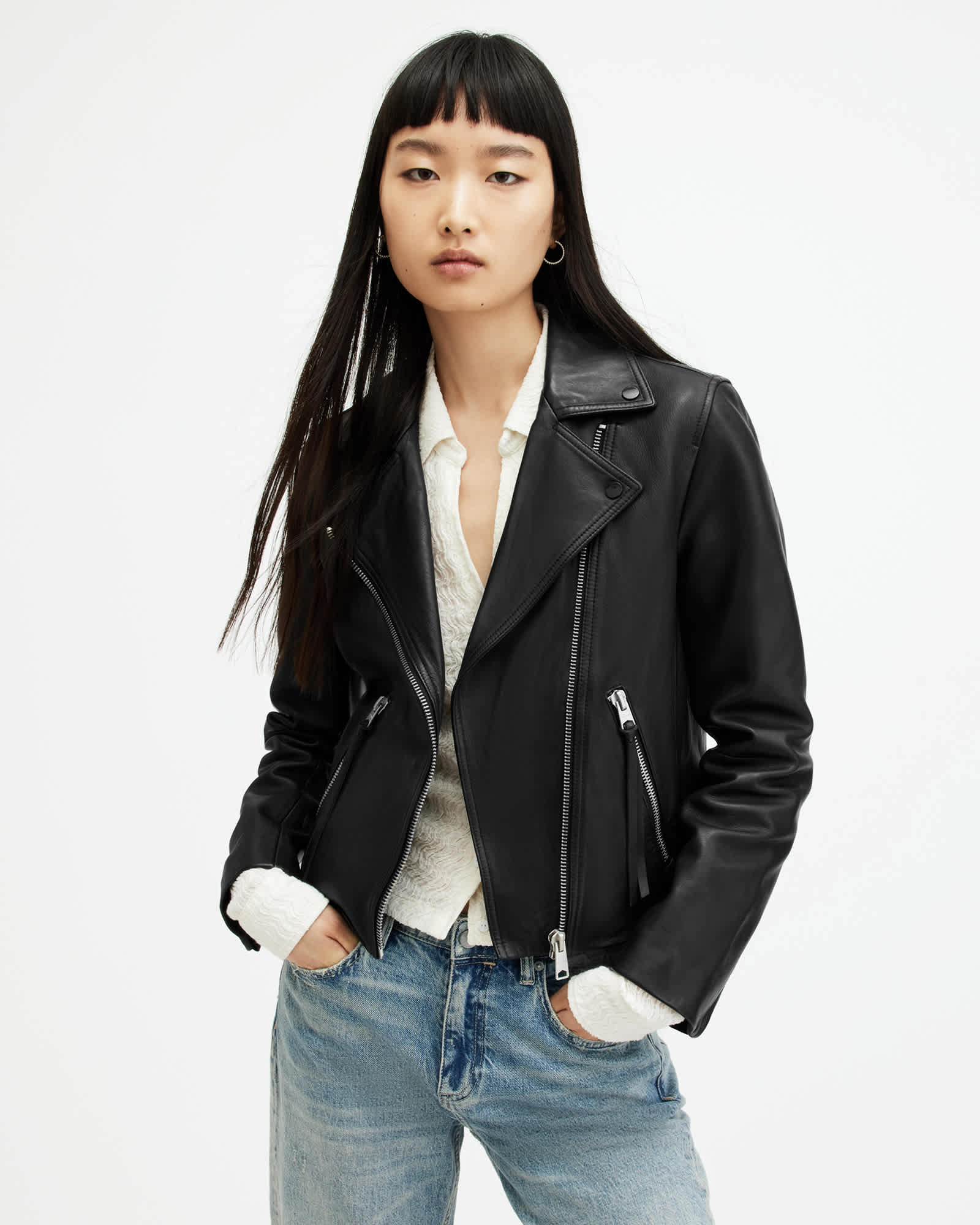 Allsaints Women's Black Dalby Slim Fit Leather Biker Jacket - Size  14