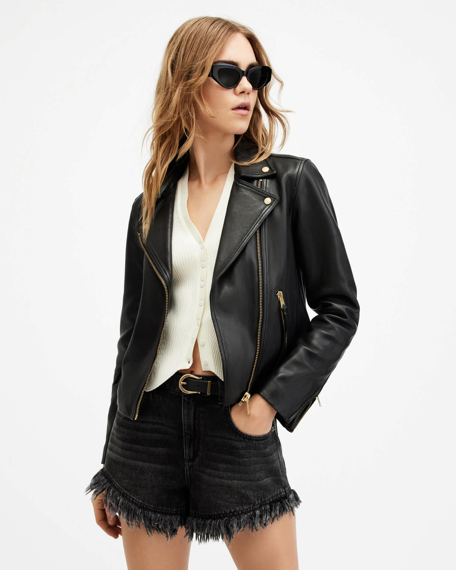 Allsaints Women's Black/Gold Dalby Slim Fit Leather Biker Jacket - Size  16