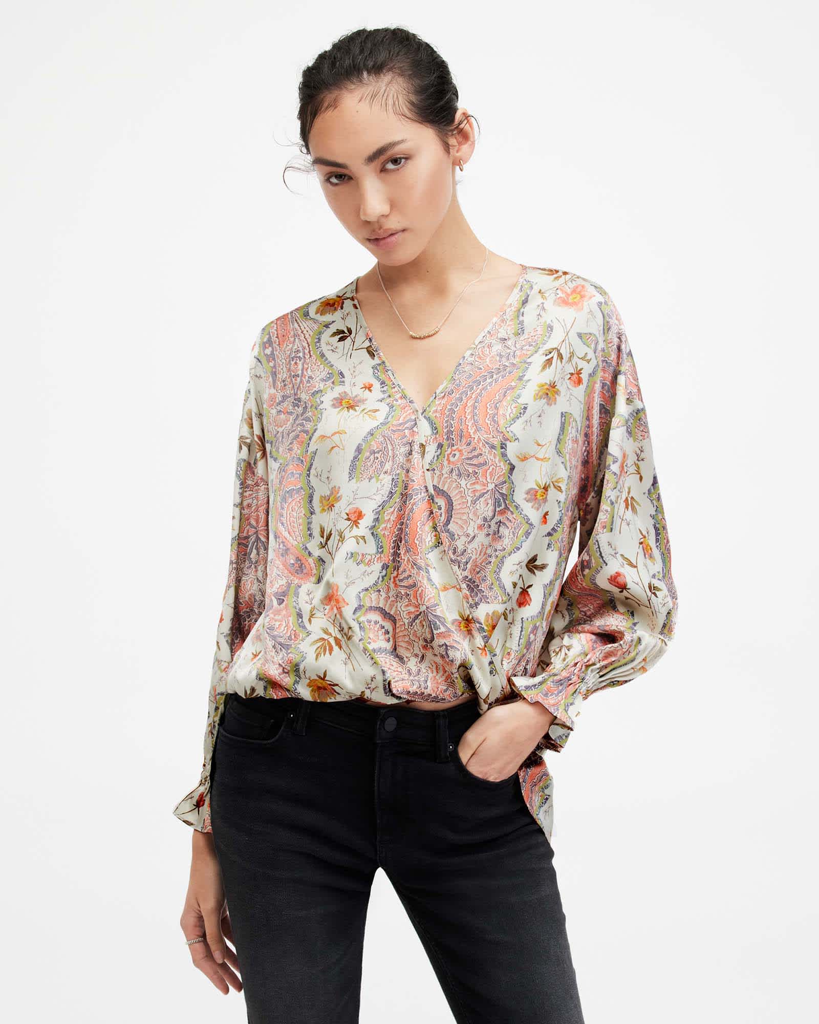 Allsaints Women's Penny Wrap Over Paisley Print Shirt - Size  6
