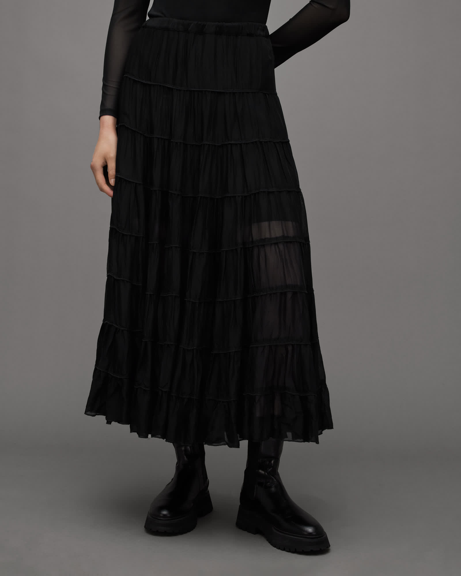 Allsaints Women's Dark Eva Elasticated Waist Tiered Maxi Skirt - Size  S