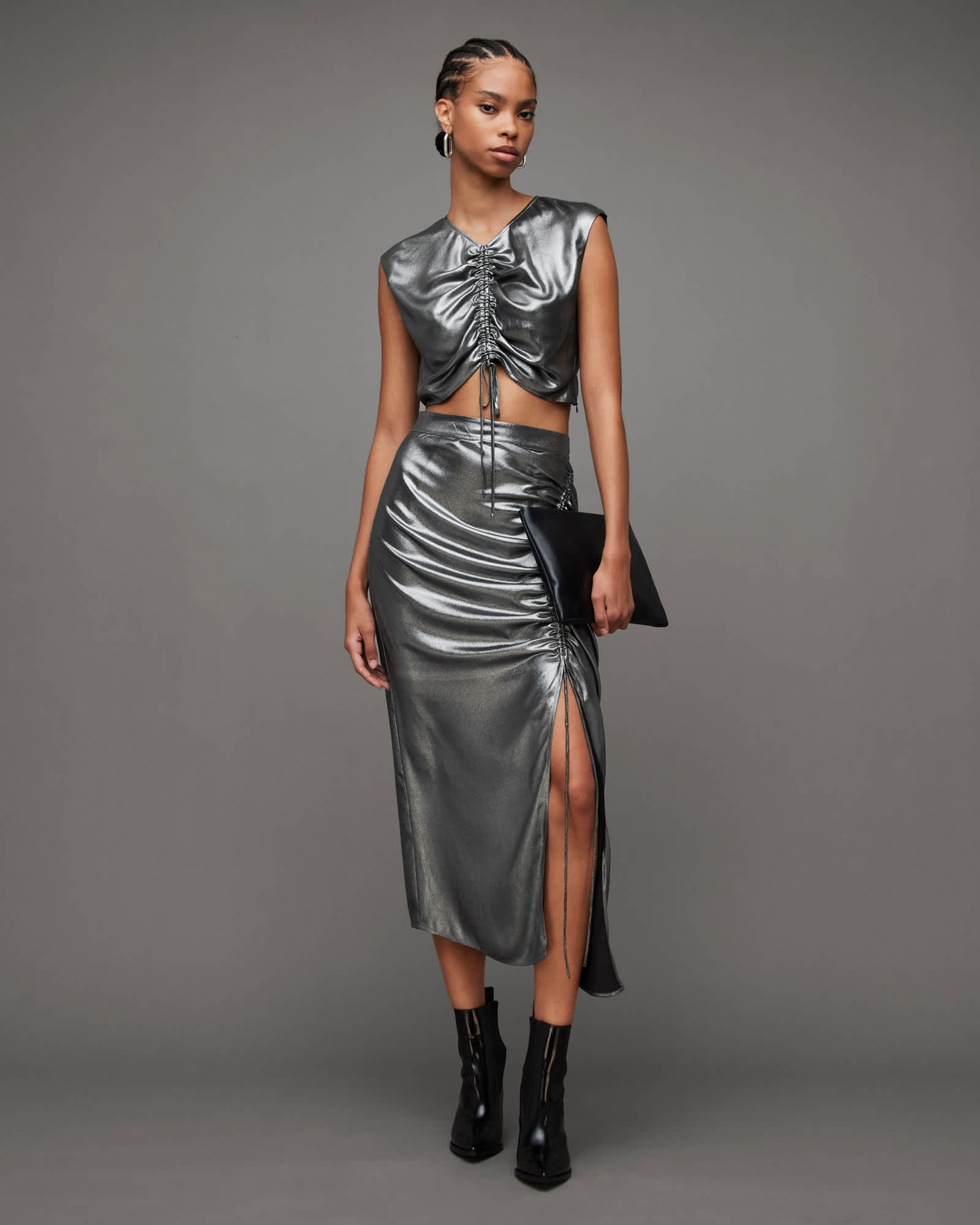 Allsaints Women's Carla Gathered Metallic Midi Skirt - Size  6