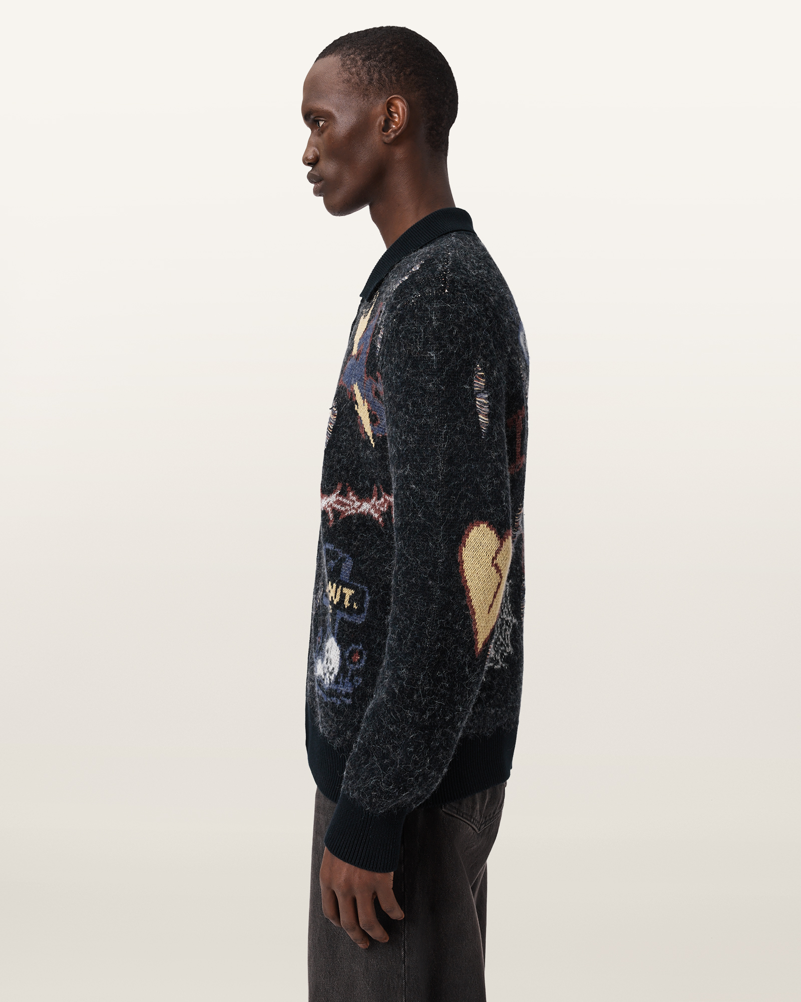 Meller Zip Up Jacquard Cardigan Black | ALLSAINTS US