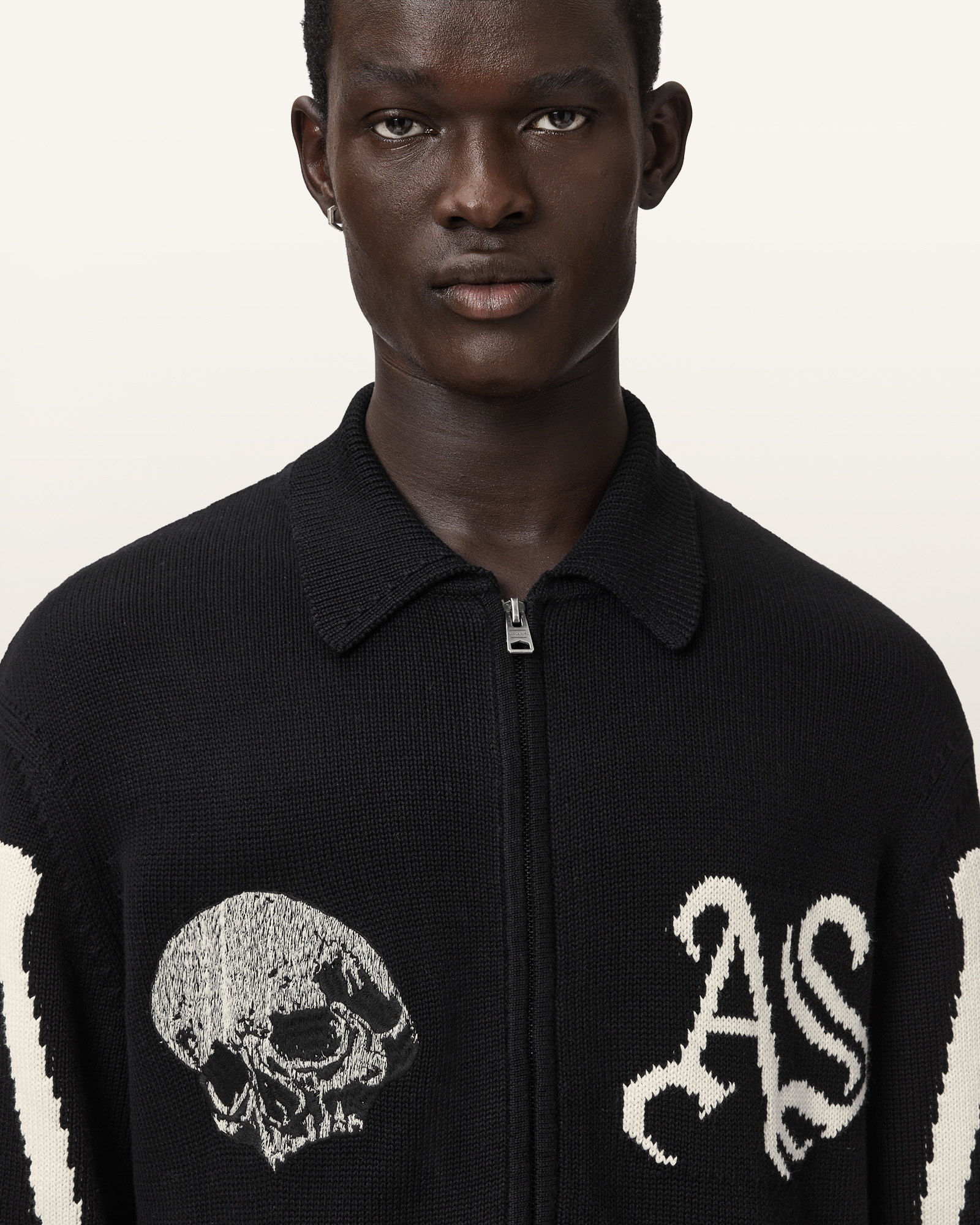 Adrian Zip Up Embroided Knitted Cardigan Black | ALLSAINTS US