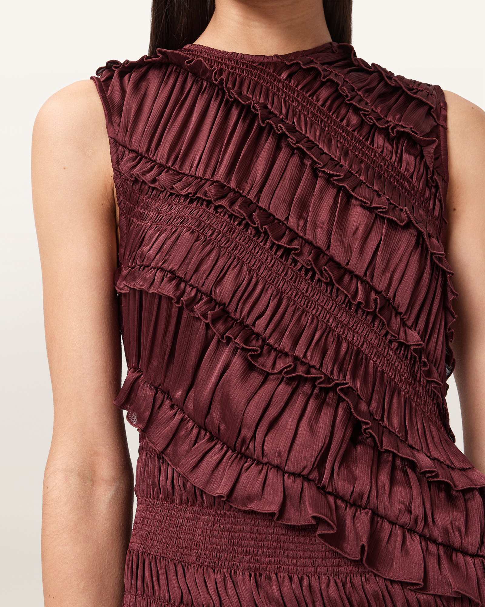 Nyla Ruffled Midi Dress TAWNY PORT RED | ALLSAINTS