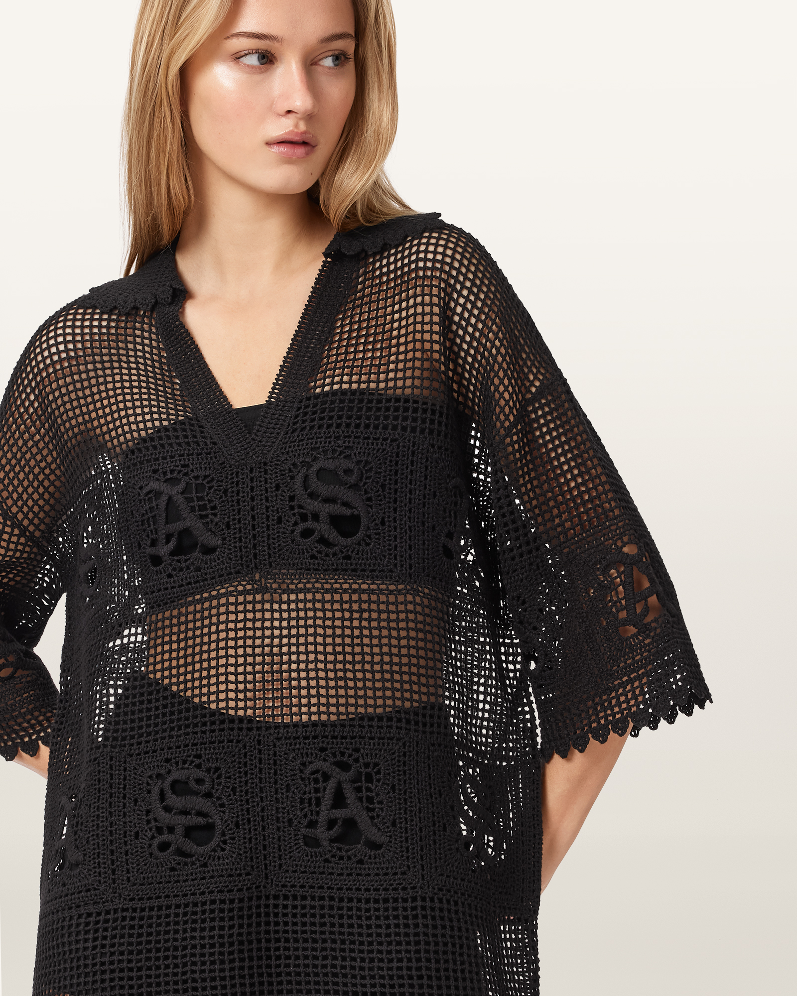 Kyra Open Knit Mini Dress Black | ALLSAINTS Canada