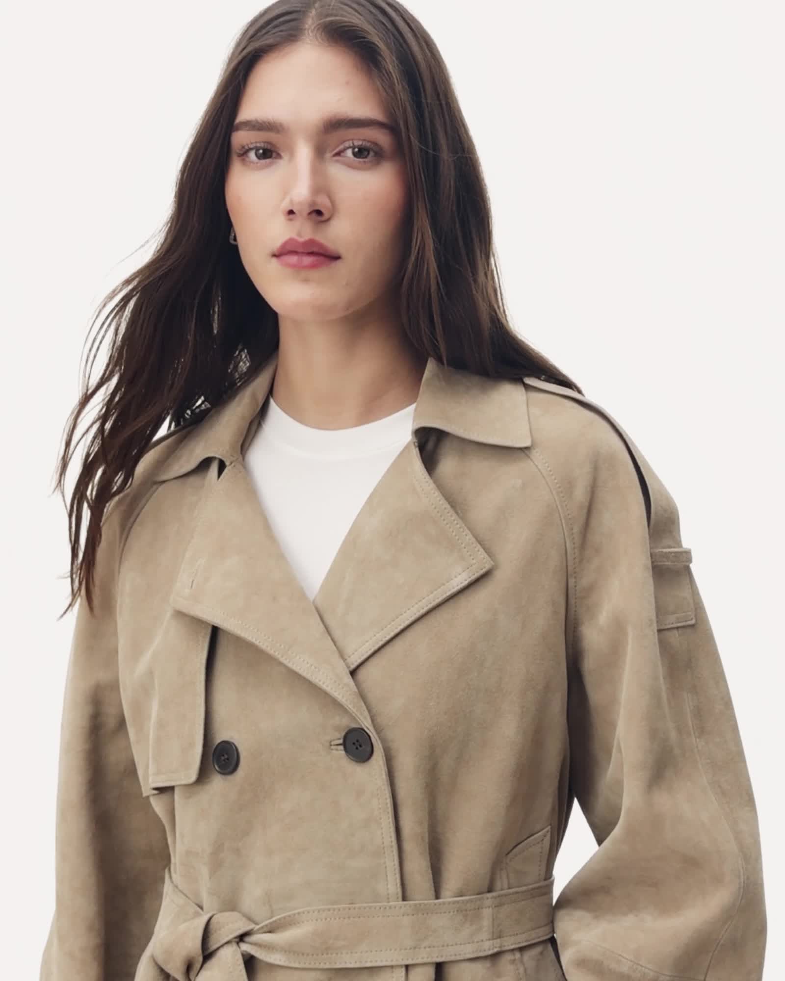 Reed Cropped Suede Trench Coat Taupe Brown | ALLSAINTS US