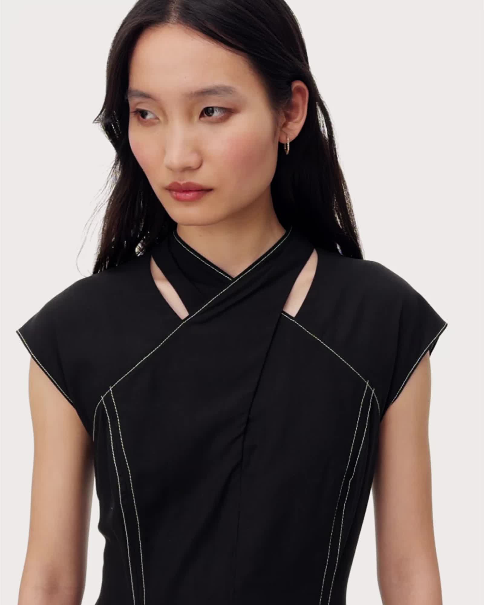 AllSaints Women's Mako Midi Dress – Crochet Embroidered Trim – Bodycon Round Neck